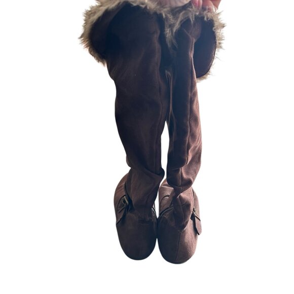 New Directions Womens Brown Faux Suede Tall Boots With Faux Fur Trim & Side Buck - Picture 3 of 6